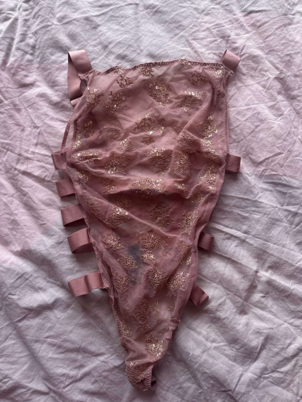 Victoria’s Secret Strappy Lace Bodysuit Pink Gold Mesh Lingerie Size S